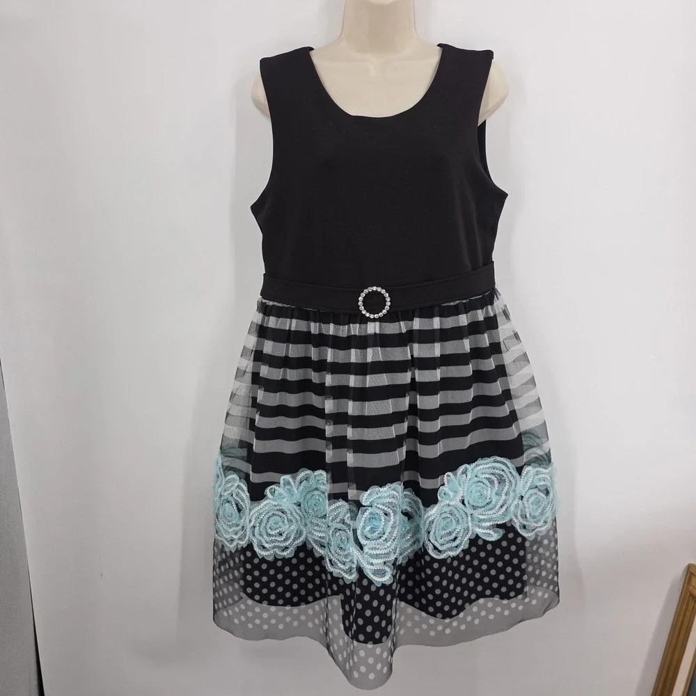 Bonnie Jean Dress Girls 20 Plus Black Stripe Dot Aqua Floral Tulle Belt Party